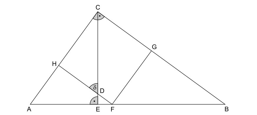 Geometrische Zeichnung eines Dreiecks mit eingezeichneten Strecken und Winkeln.